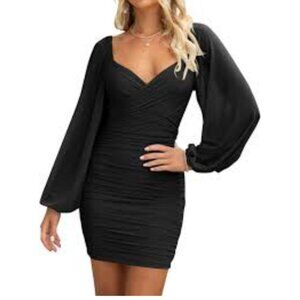 BTBFM Womens Elegant Ruched Bodycon Dress Long Puff Sleeve Black Size L Party